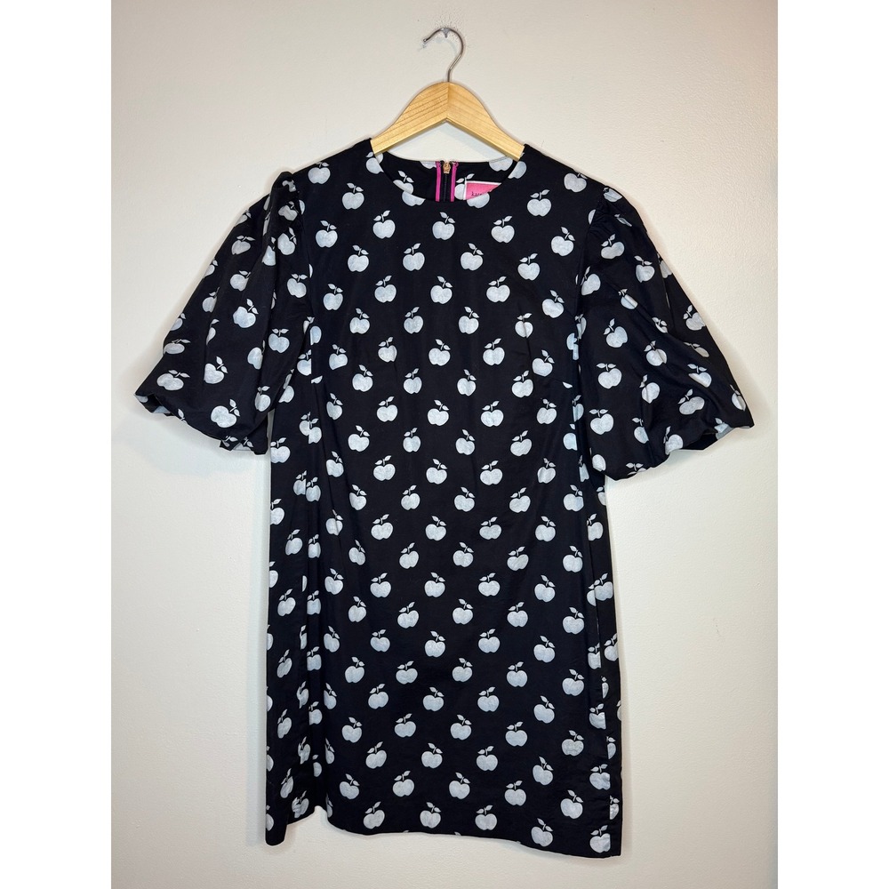 Kate Spade New York Apple Toss Print Puff Sleeve Shift Dress Black White Size 8